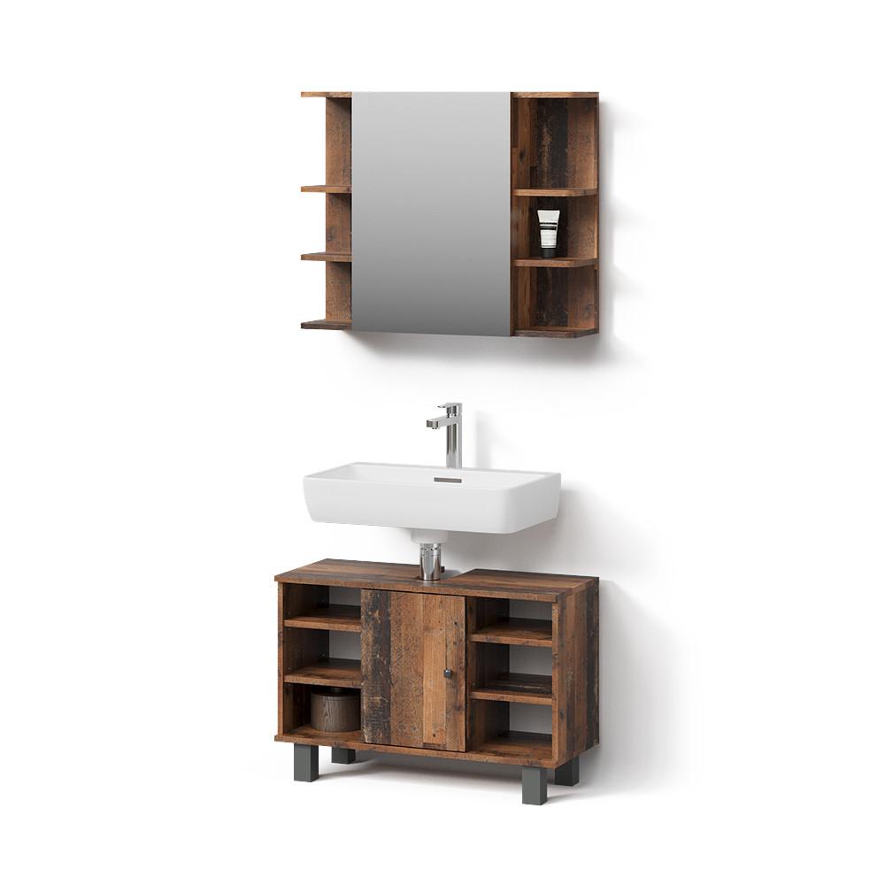 BADMÖBEL-SET Fucino Eiche rustikal 2 Teile, Unterschrank 80 cm - Wildeiche, Holzwerkstoff (60/54/32cm) - Livinity®
