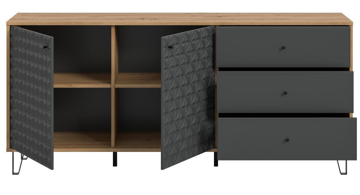 SIDEBOARD grau, Eiche Artisan 169 x 76 cm, Kommode mit 3D-Struktur - Schwarz/Eiche Artisan, Holzwerkstoff/Kunststoff (169/76/40cm) - Inn.Furn