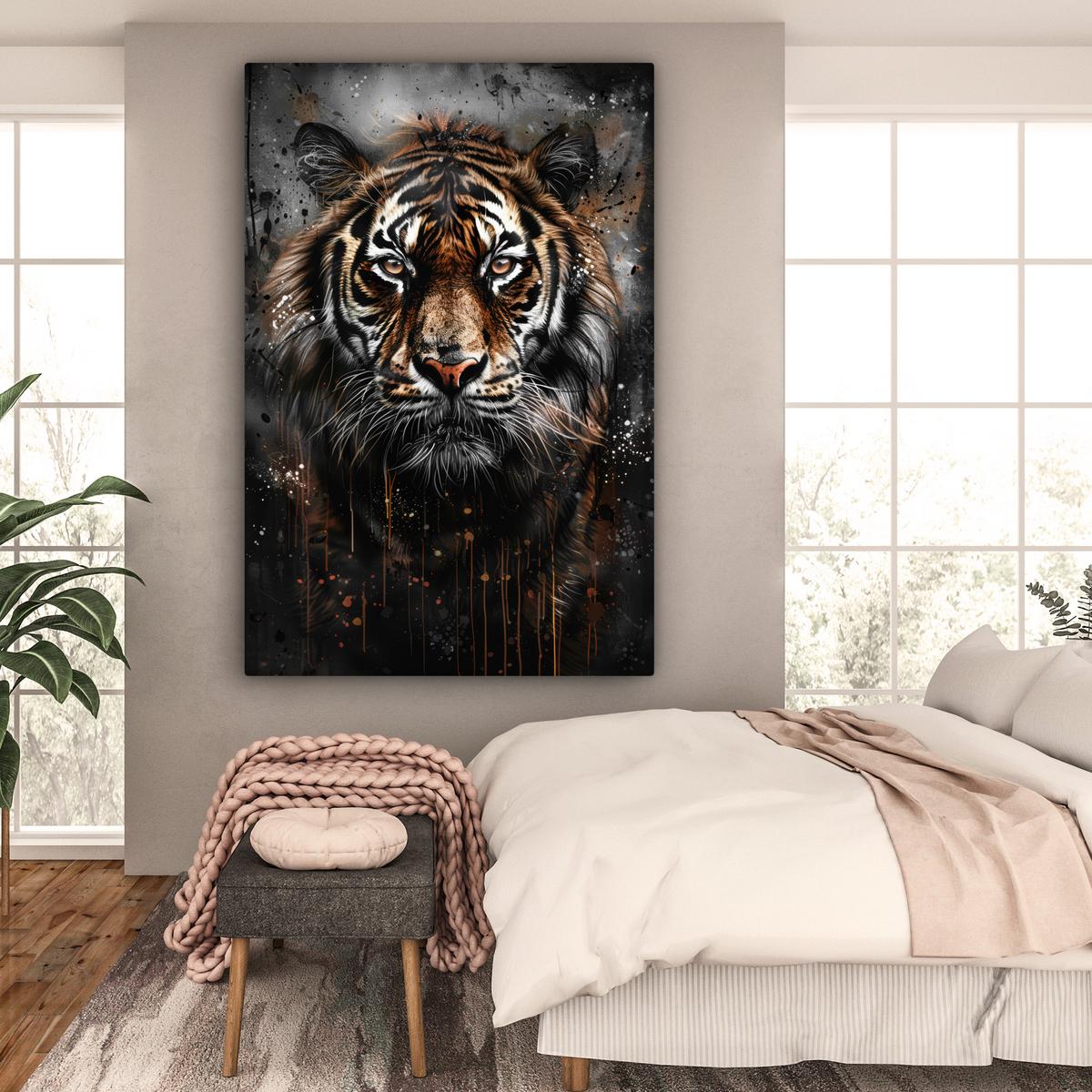 LEINWANDBILD Tiger - Tiere - Porträt - Luxus - Schwarz Deko Groß 90x140 cm - Anthrazit, Textil (90/140cm) - MuchoWow