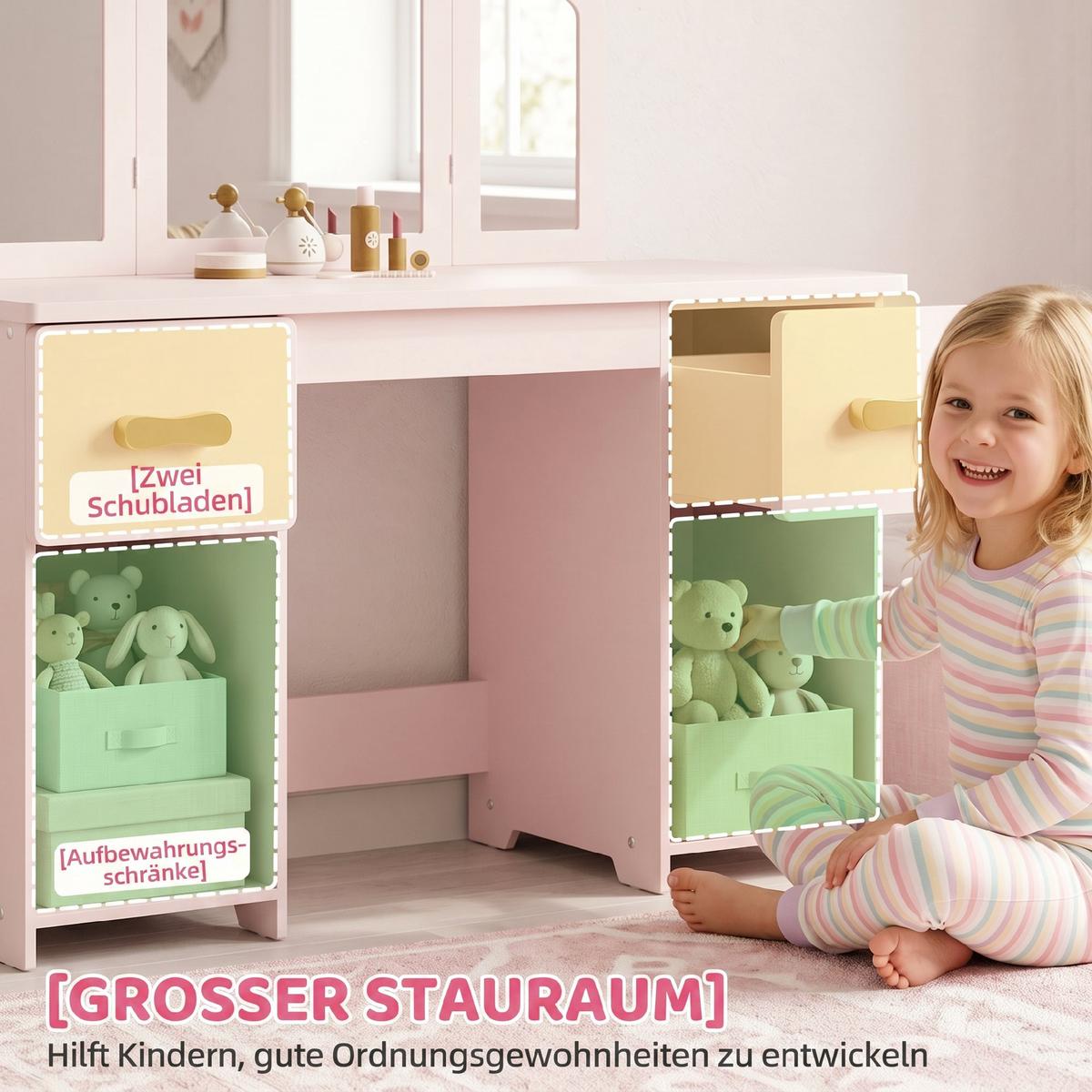 KINDERSCHMINKTISCH-SET MDF Acryl Rosa - Rosa/Naturfarben, Holzwerkstoff (33/90.7/79.5cm) - AIYAPLAY