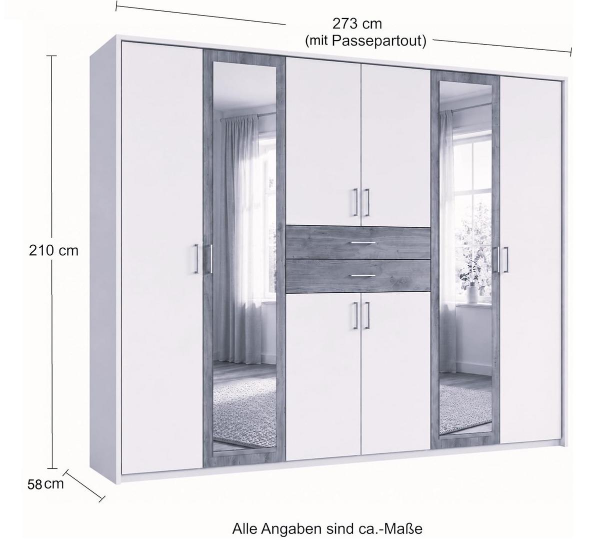 DREHTÜRENSCHRANK Kleiderschrank B273/H210/T58 cm mit Passepartout, Schubkästen & 2 Spiegeltüren, Eiche Dekor mit Absetzungen in Grafit / 22603 - Eichefarben/Silberfarben, Holzwerkstoff/Kunststoff (273/210/58cm) - luma-home