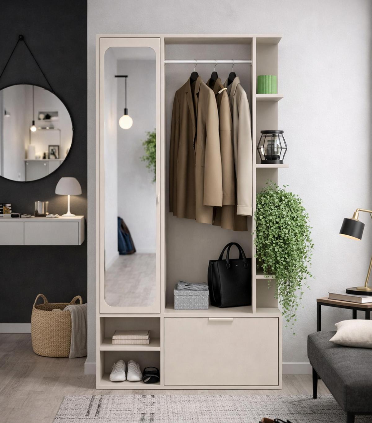 GARDEROBENSCHRANK Nemrut Beige 100/189/33 cm – Modern, mit Spiegel und viel Stauraum - Beige, Holzwerkstoff/Kunststoff (100/189.4/33cm) - AX Living