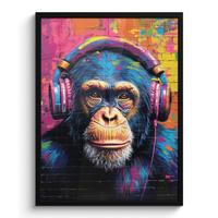 POSTER MIT RAHMEN Graffiti - Schimpanse - Straßenkunst - Kopfhörer - Affe Posterleiste 60x80 cm - Blau, Papier (60/80cm) - MuchoWow