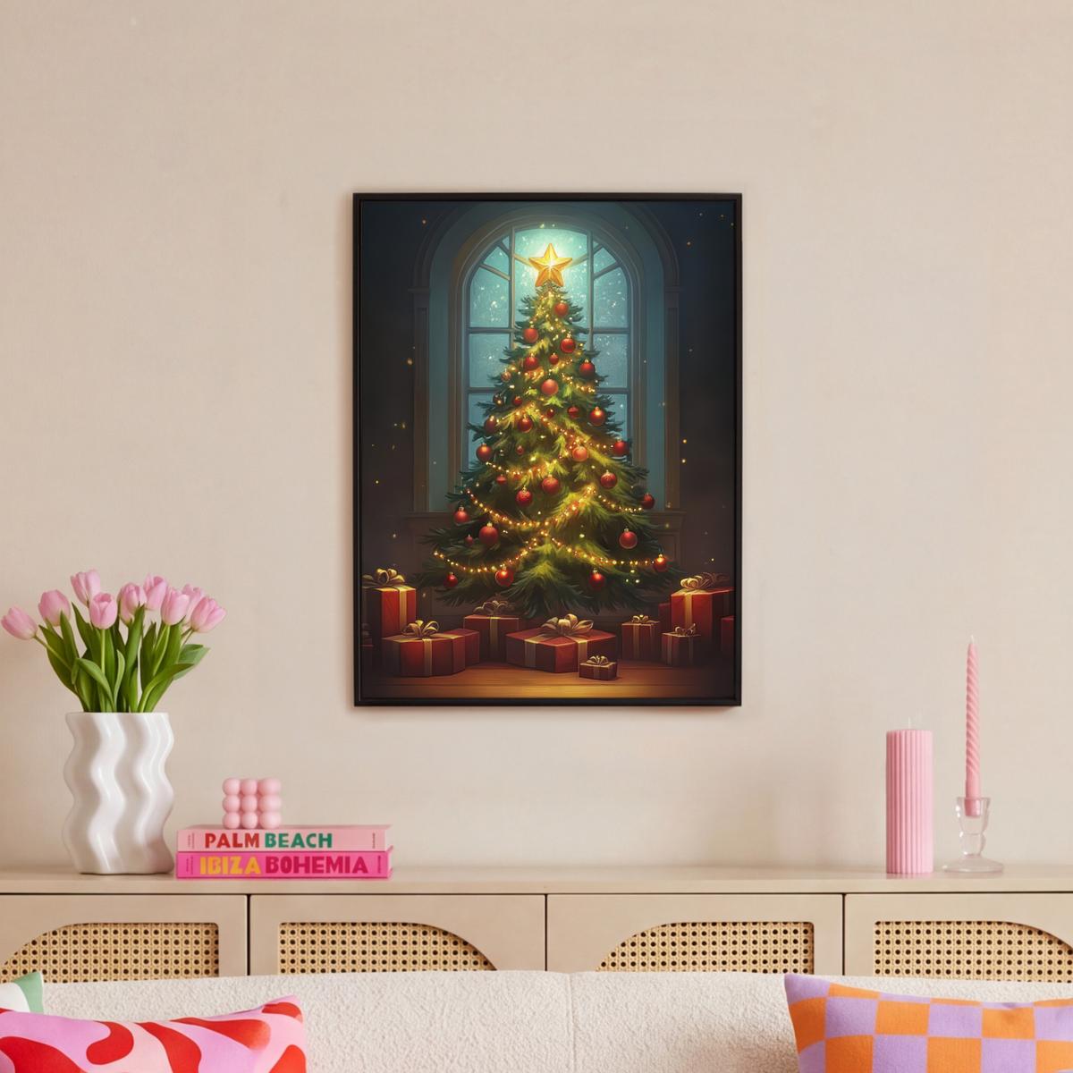 LEINWAND Bilder mit Rahmen - Weihnachtsbaum - Geschenk - Winter - 50x70 - Grün, Textil (50/70cm) - MuchoWow