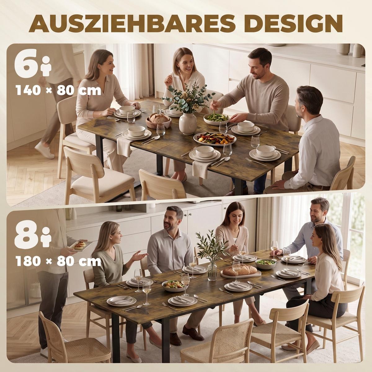 AUSZIEHBARER Esstisch MDF Rustikal-Braun - Schwarz/Braun, Holzwerkstoff (180/80/75cm) - HOMCOM