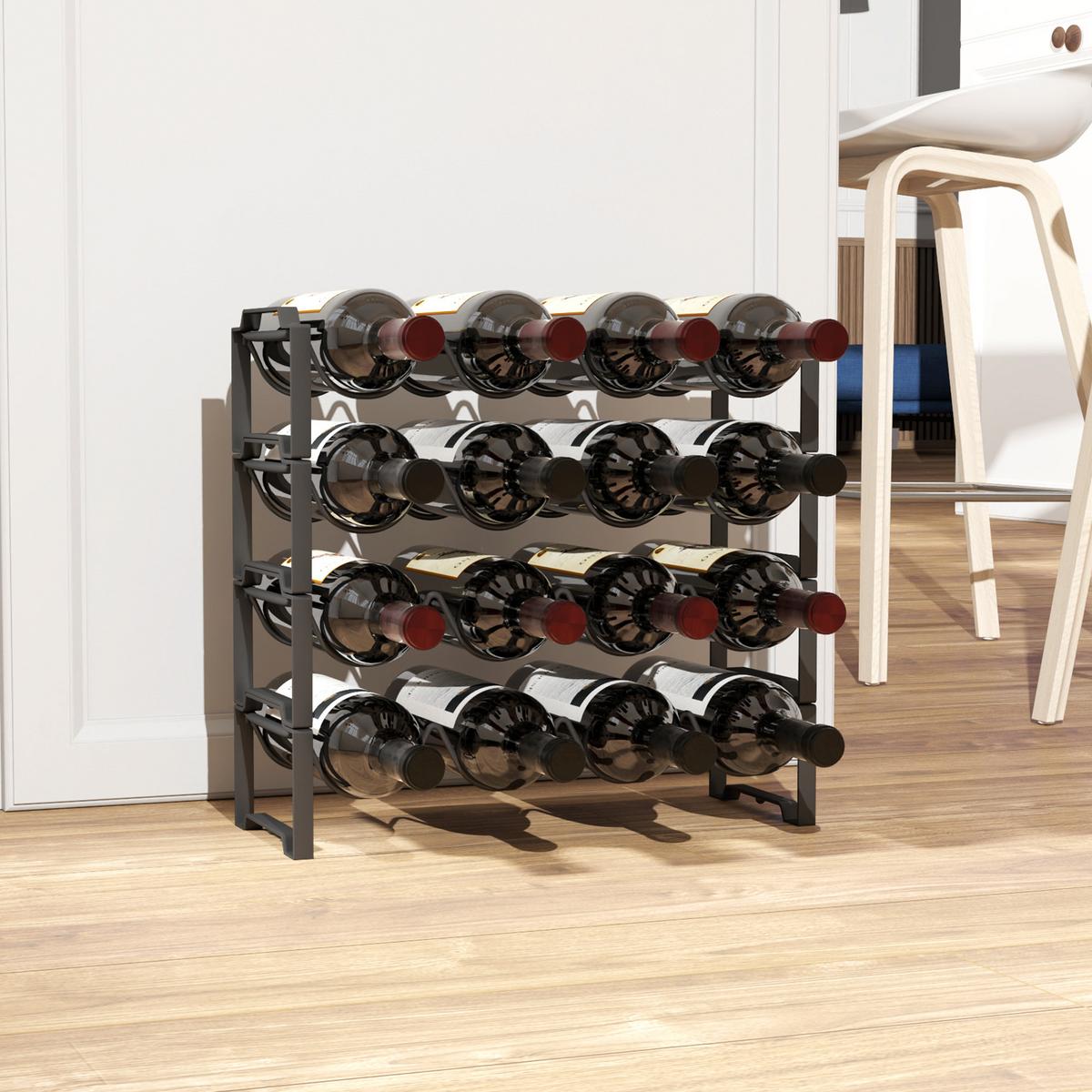 4-STUFIGES Weinregal, freistehendes Regal für 16 Weinflaschen, Metall, Schwarz - Schwarz, Metall (16.5/41/42.5cm) - HOMCOM