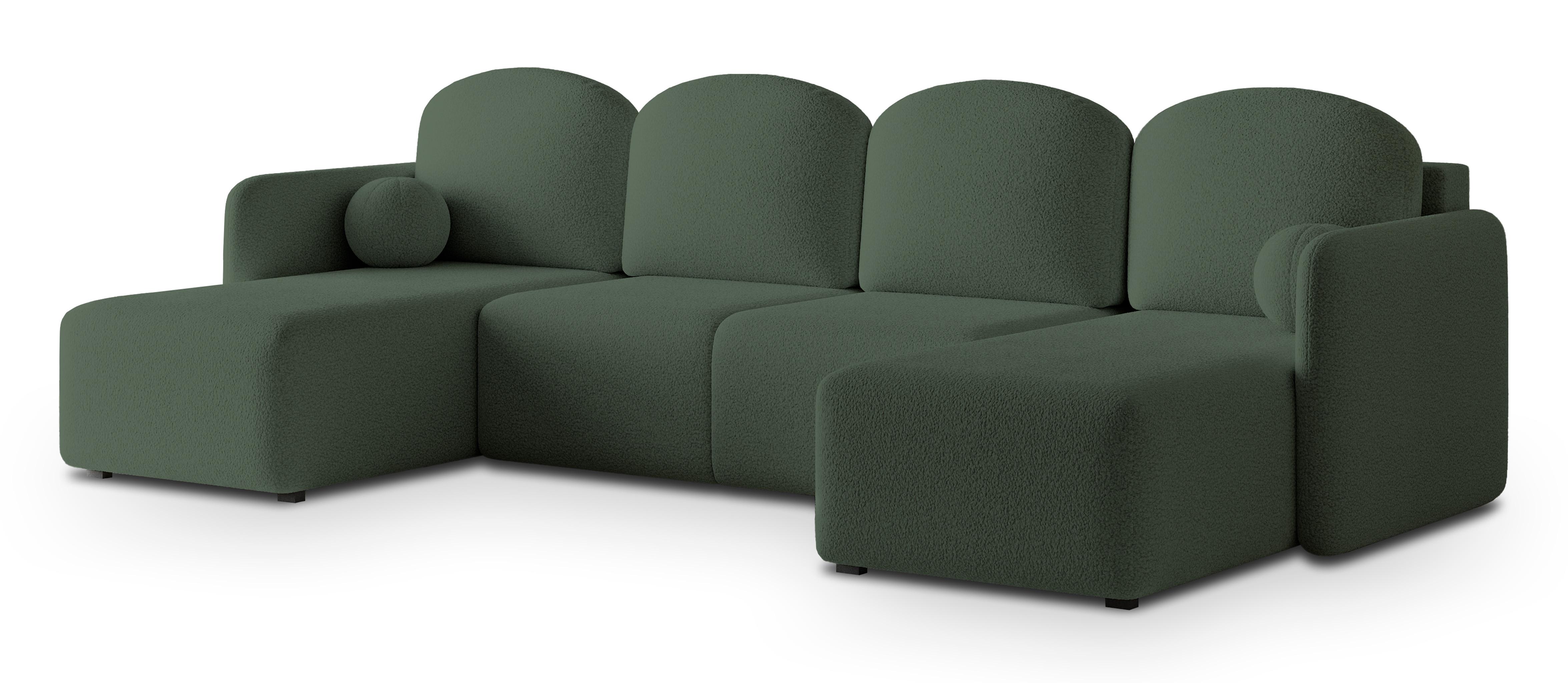 WOHNLANDSCHAFT NUBERO Grün Boucle-Stoff mit Schlaffunktion - Grün, Holz (285/85/143cm) - MASSENO