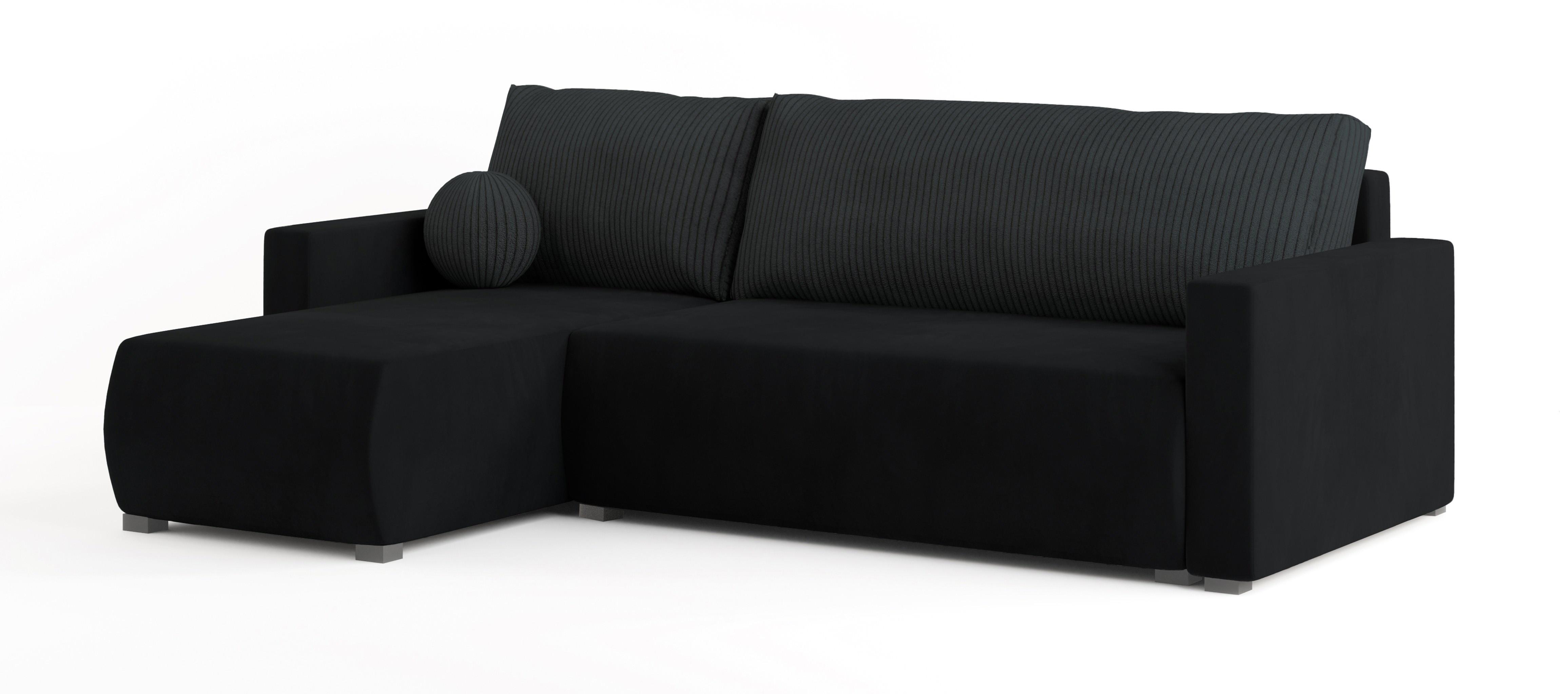 ECKSOFA SORGE Schwarz Plüsch-Stoff mit Schlaffunktion - Schwarz, Holz (220/143cm) - MASSENO
