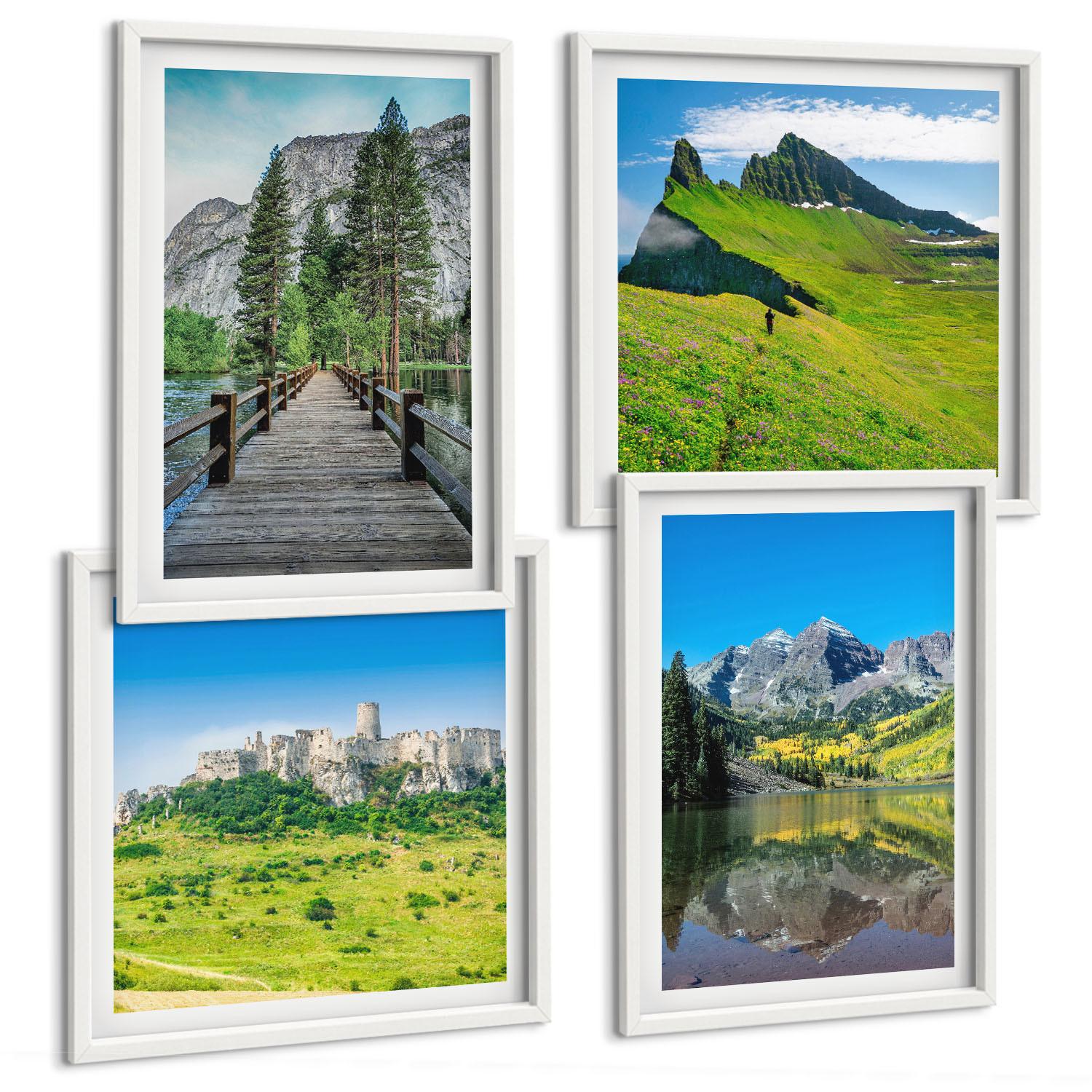 BILDER SET 4er Set - 50x50 cm & 40x60 cm Weißer Rahmen - Grüne Hügel mit einer Burg - Weiß, Kunststoff (50/50cm) - TULUP