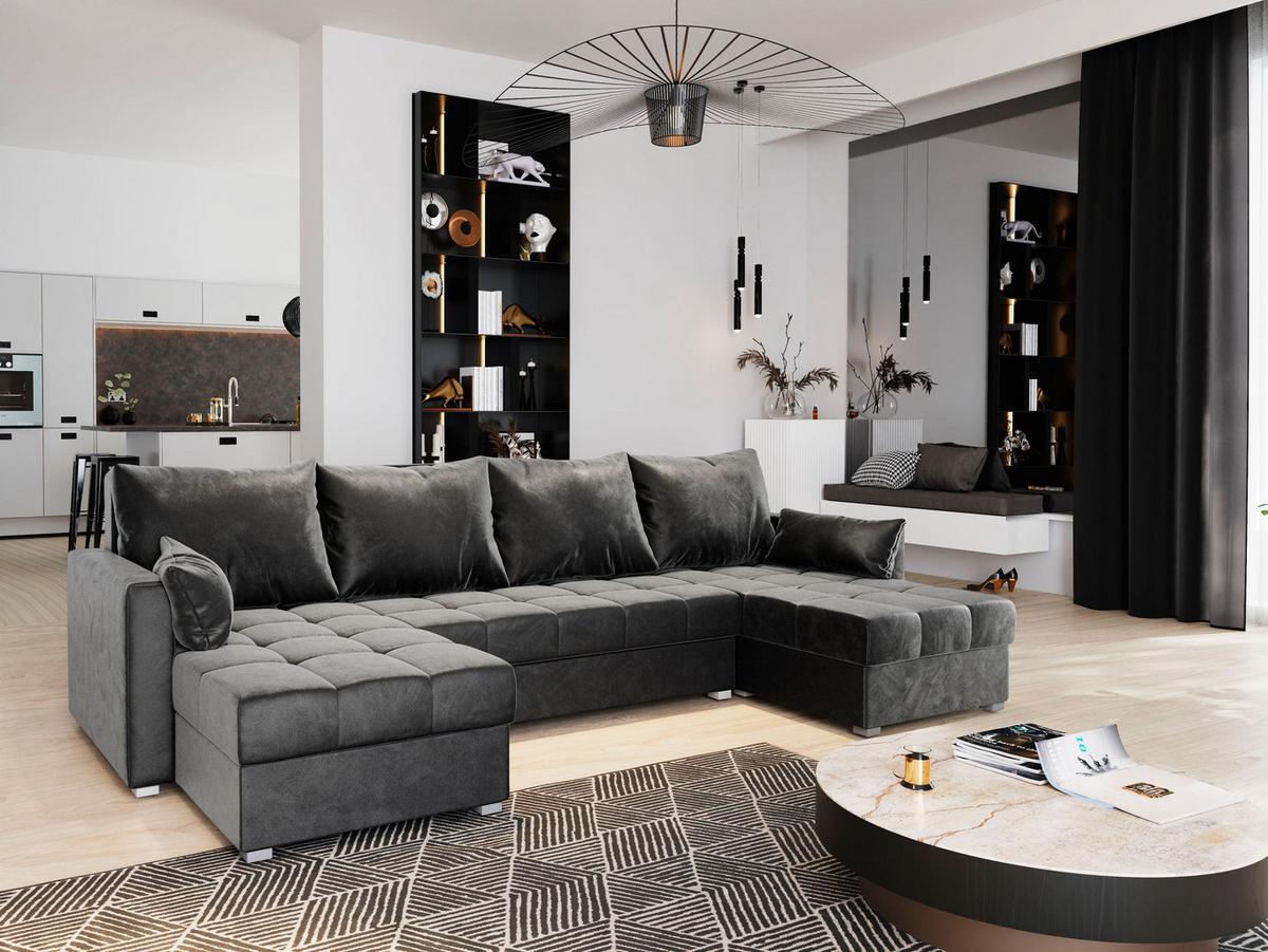 WOHNLANDSCHAFT NAKO Grau Plüsch-Stoff mit Schlaffunktion - Grau, Holz/Kunststoff (285/85/140cm) - MASSENO