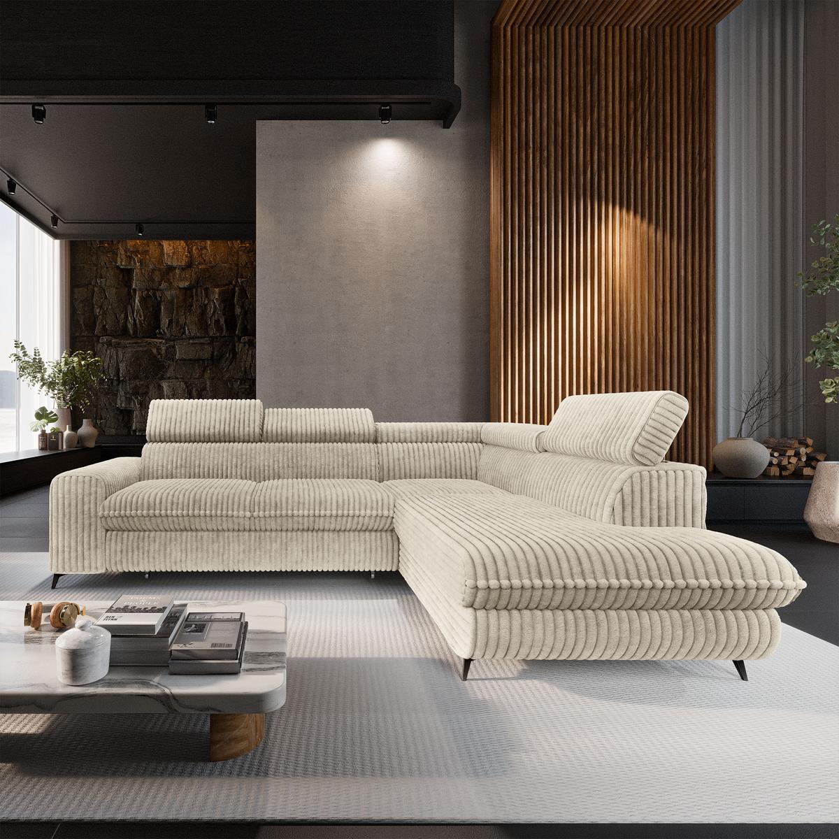 ECKSOFA VELISS Creme Kordstoff mit Schlaffunktion - Creme, Holz (255/193cm) - MASSENO