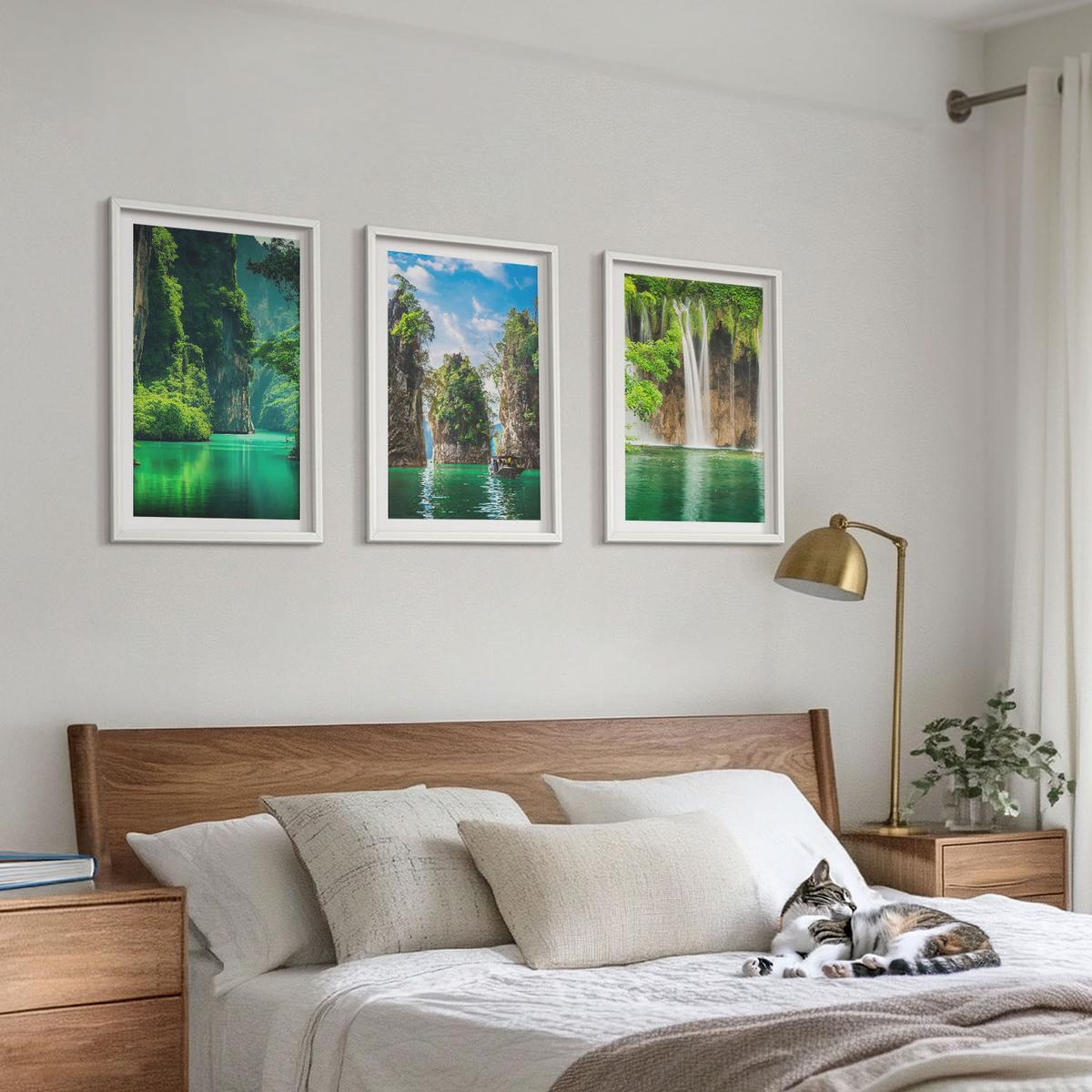 BILDER SET 3er Set - 40x60 cm Weißer Rahmen - Grüne Landschaften, Wasserfälle - Weiß, Kunststoff (40/60cm) - TULUP