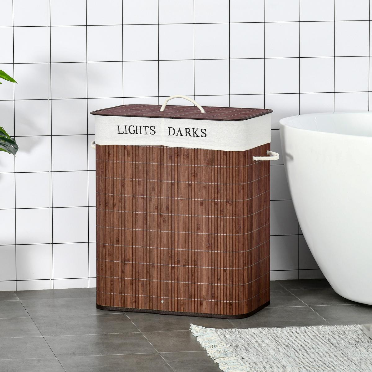 WÄSCHEKORB, Bambus, Polyester Braun+Weiß - Braun, Naturmaterialien (32/63/52cm) - HOMCOM