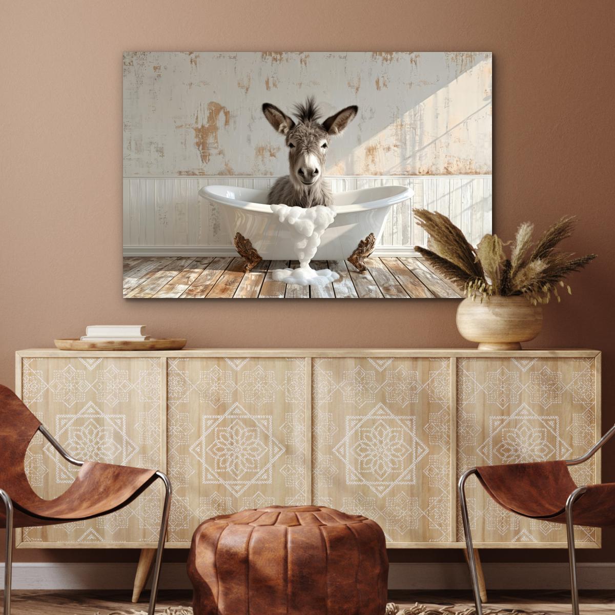 METALLBILD Esel - Tiere - Badewanne - Schaumstoff Wanddeko 90x60 cm - Weiß, Metall (90/60cm) - MuchoWow