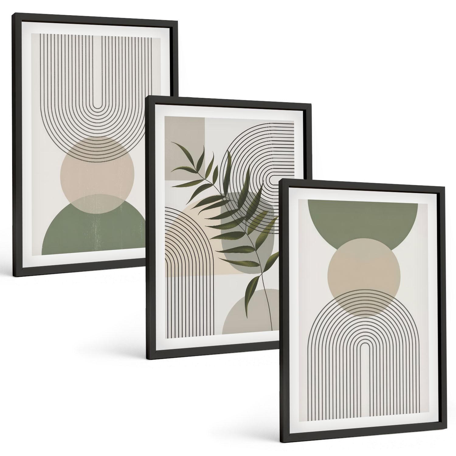 BILDER SET 3er Set - 40x60 cm Schwarzer Rahmen - Abstrakte Formen mit Grün - Schwarz, Kunststoff (40/60cm) - TULUP
