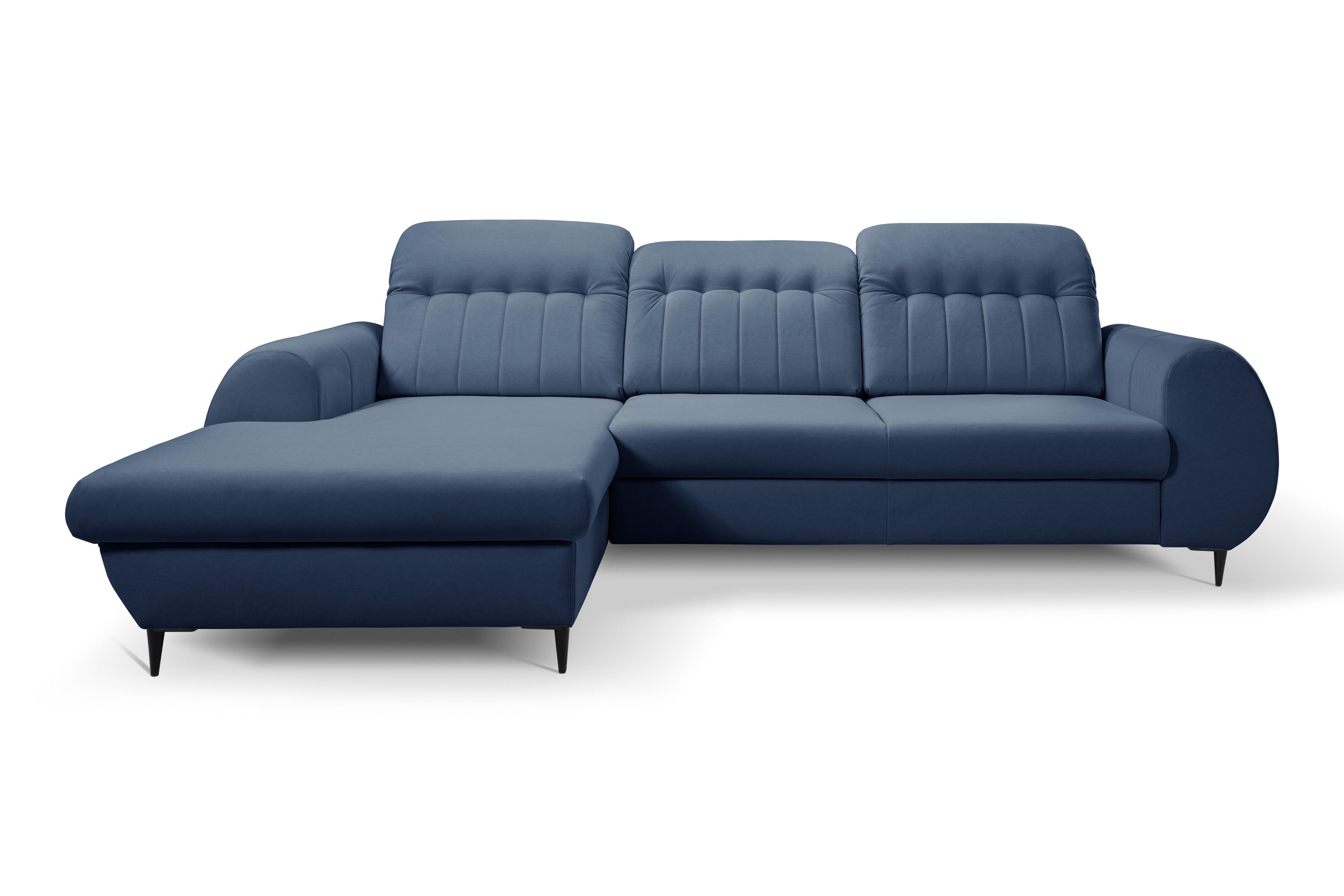 ECKSOFA PURO L-S Dunkelblau Plüsch-Stoff mit Schlaffunktion - Dunkelblau, Holz (275/166cm) - MASSENO