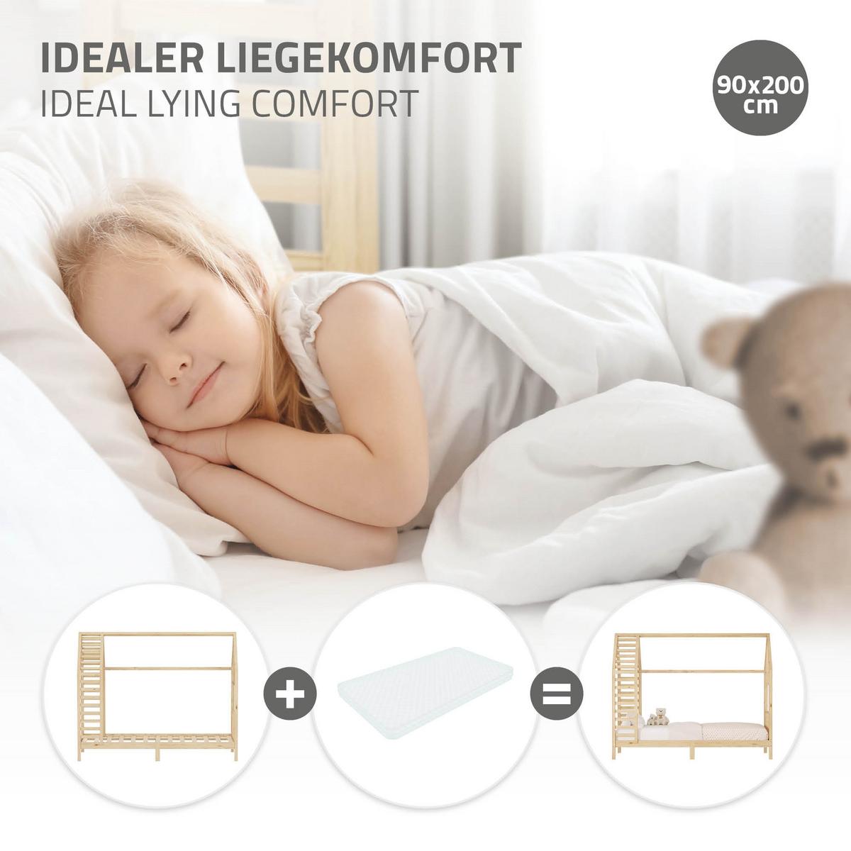 KINDERBETT 90x200 cm mit Lattenrost Dach und Fenster Hausbett aus massivem Kiefernholz Natur - Naturfarben, Holz (90/200cm) - ML-DESIGN
