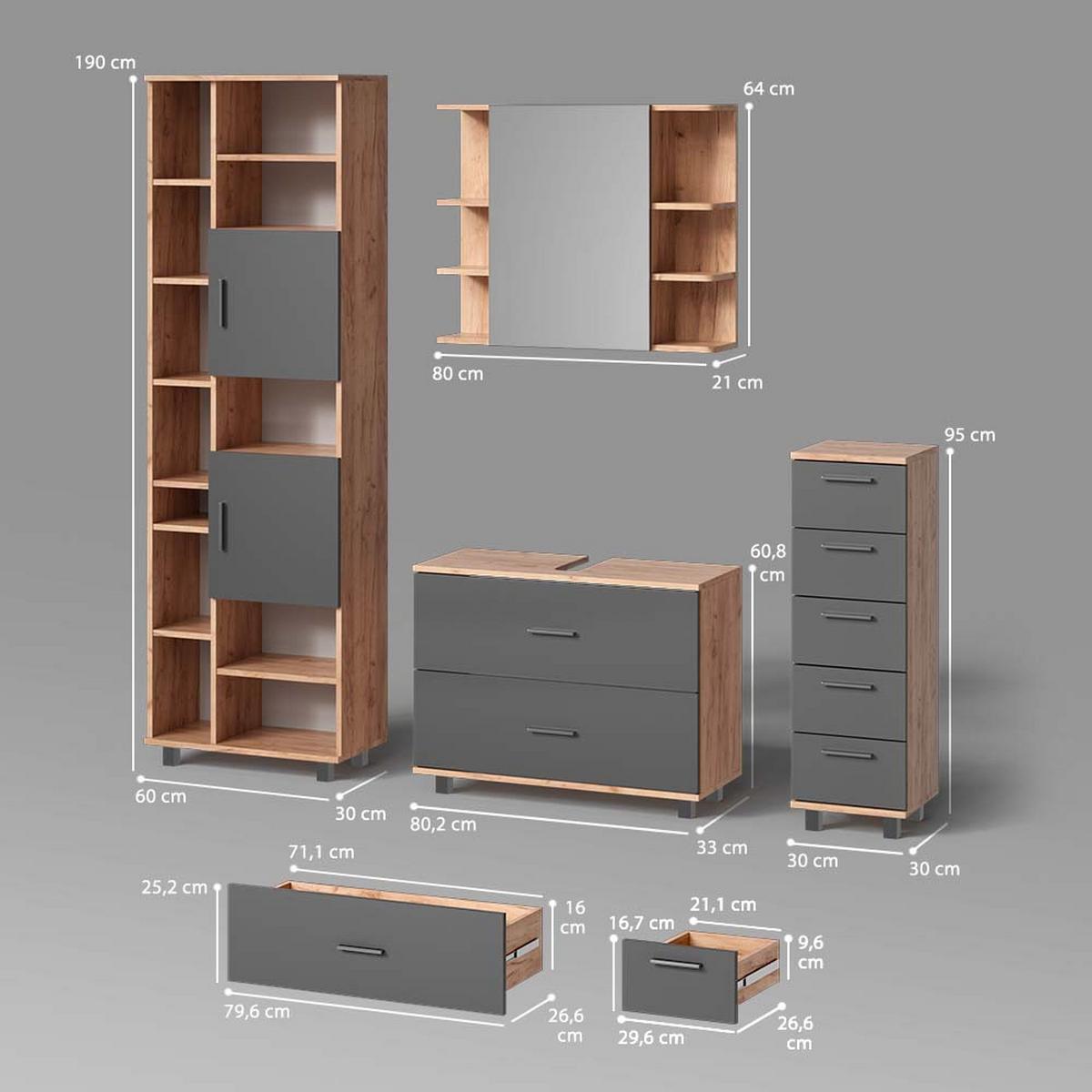 BADMÖBEL-SET Eisak Eiche 4 Teile, mit Hochschrank - Eichefarben, Holzwerkstoff (80/60/33cm) - Livinity®