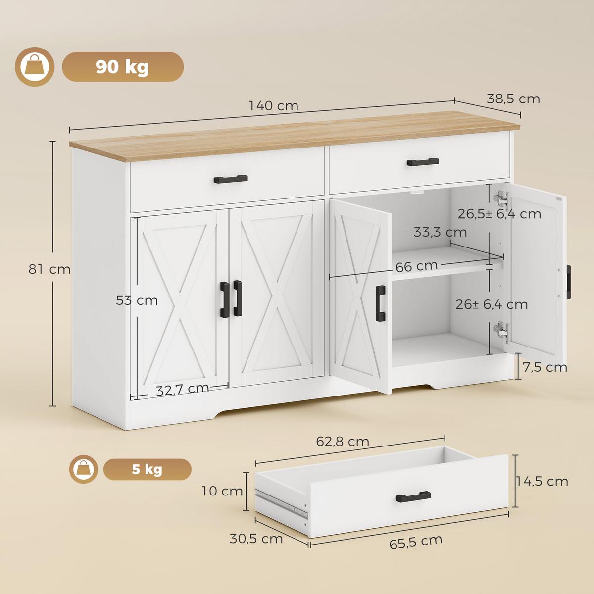 SIDEBOARD Spanplatte Weiß - Silberfarben/Weiß, Holzwerkstoff/Metall (38.5/81/140cm) - HOMCOM
