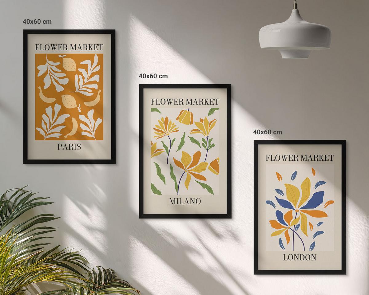 BILDER SET 3er Set - 40x60 cm Schwarzer Rahmen - Blumenposter Paris Mailand London - Schwarz, Kunststoff (40/60cm) - TULUP