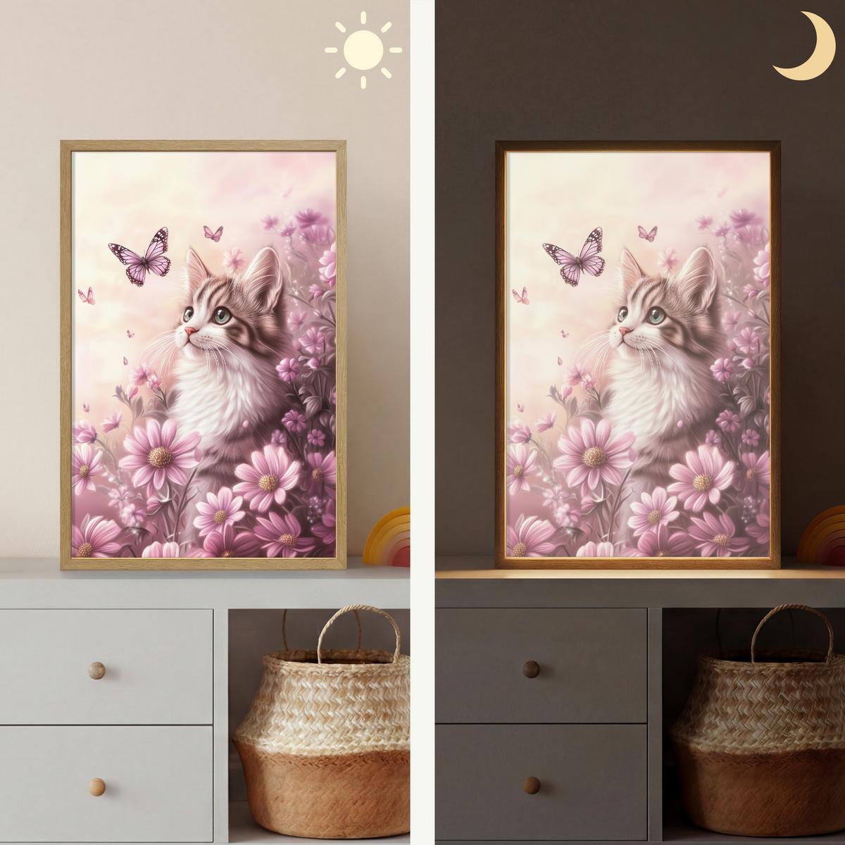 WANDLEUCHTE MIT AKKU Kätzchen - Blumen - Schmetterlinge - Lila 40x60 cm - Altrosa, Holzwerkstoff (40/60/8cm) - OnlyWow