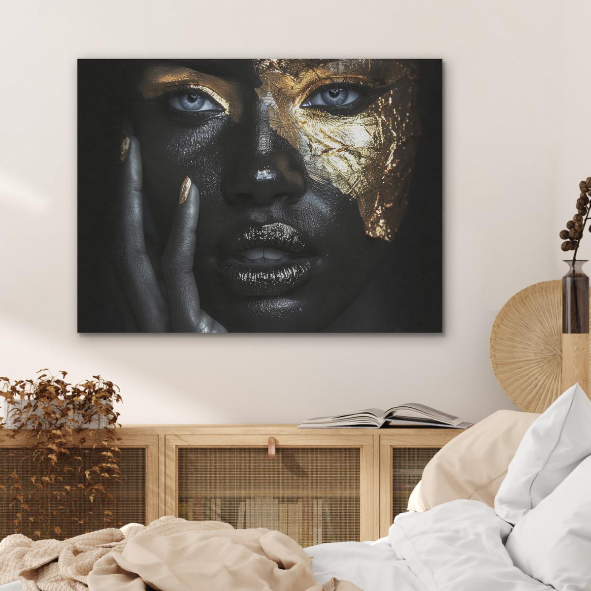 AKUSTIKBILD Frau - Gold - Porträt - Schwarz-Weiß - Luxus Gemälde 80x60 cm - Hellblau, Kunststoff (80/60/0.9cm) - MuchoWow