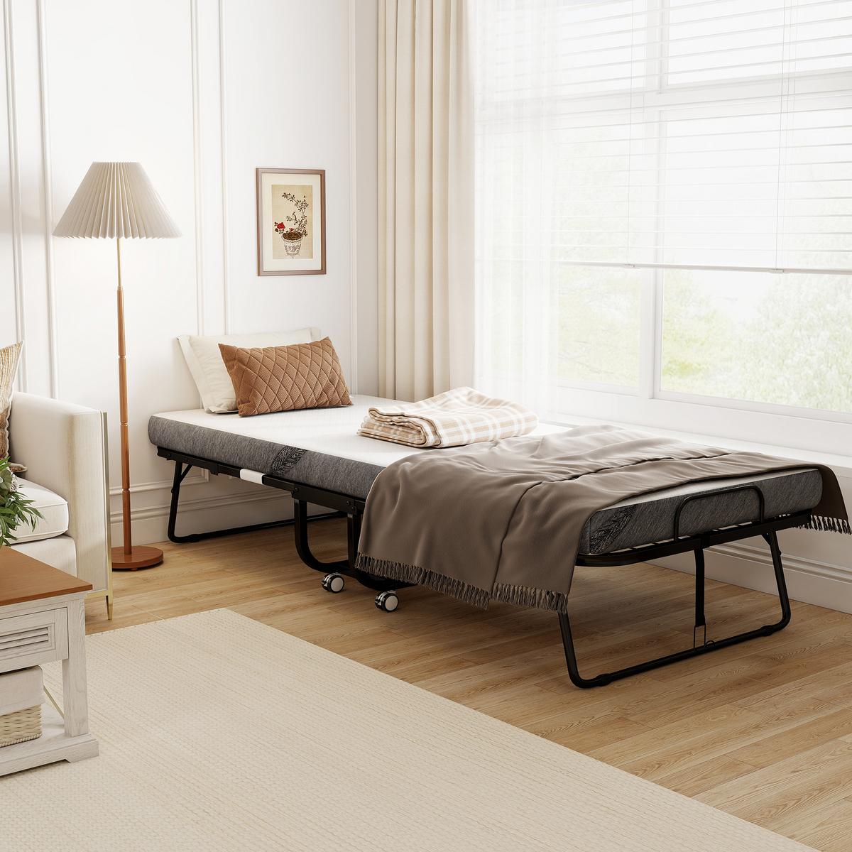 KLAPPBETT Polyester Schaumstoff Weiß Schwarz - Schwarz/Weiß, Kunststoff/Textil (90/200cm) - HOMCOM
