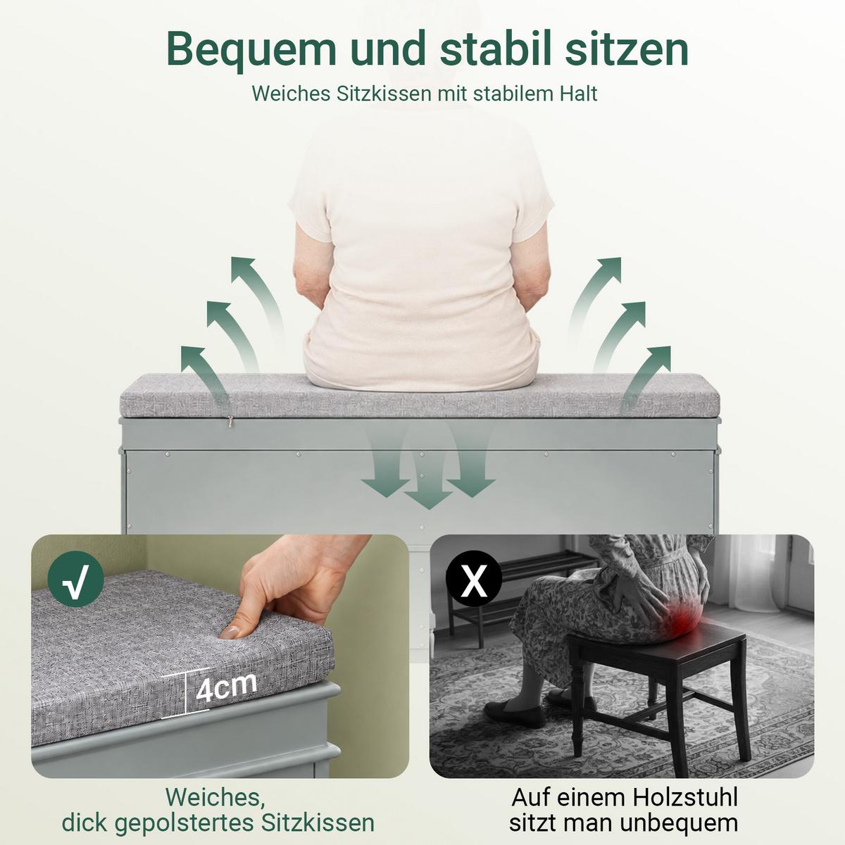 SCHUHBANK, Grau, 104 cm breit, gepolsterte Sitzfläche, 2 Klappen für 8 Paar, bis 150 kg, für Flur & Diele - Hellgrau, Holzwerkstoff (104/52/24cm) - SoBuy