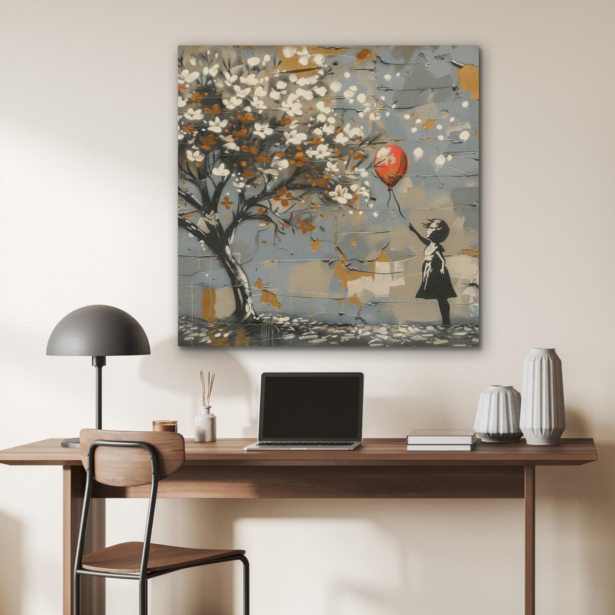 AKUSTIKBILD Baum - Graffiti - Banksy-Stil - Ballon-Mädchen Akustikpaneele 90x90 cm - Blaugrau, Kunststoff (90/90/0.9cm) - MuchoWow
