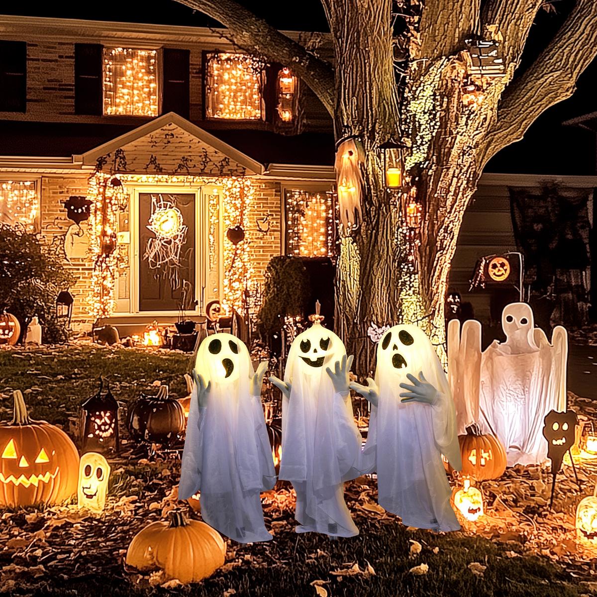 3ER-SET Halloween Dekoration Halloween-Geister-Hofpfählen mit LED-Lichter - Weiß, Kunststoff (10/60/54cm) - HOMCOM