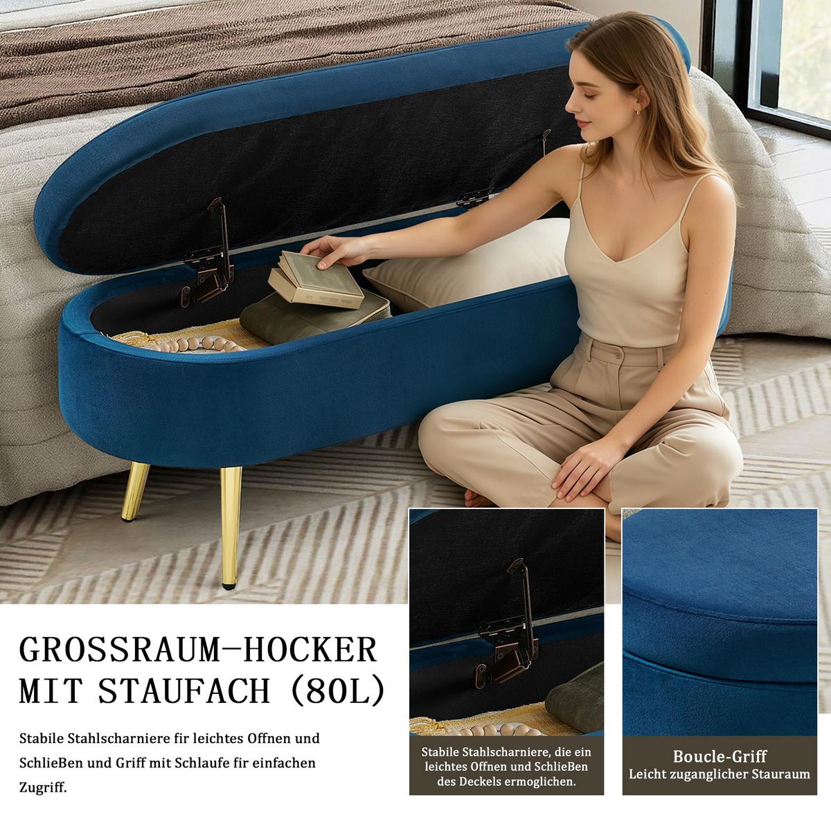 AUFBEWAHRUNGSTRUHE velvet & gold 110 cm - Dunkelblau, Textil (110/42/40cm) - Urban Meuble