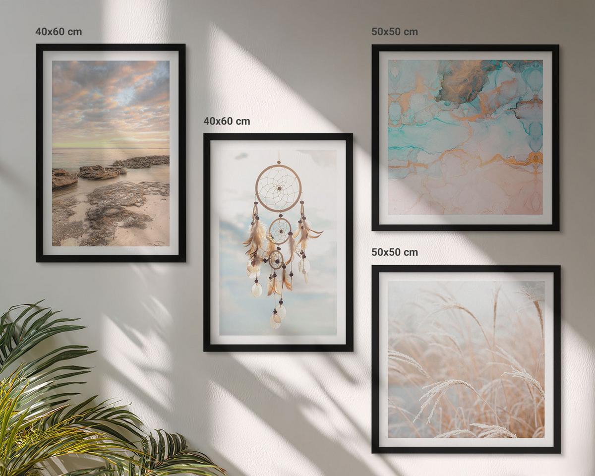 BILDER SET 4er Set - 50x50 cm & 40x60 cm Schwarzer Rahmen - Wolkenmeer, Traumfänger, Gras - Schwarz, Kunststoff (50/50cm) - TULUP