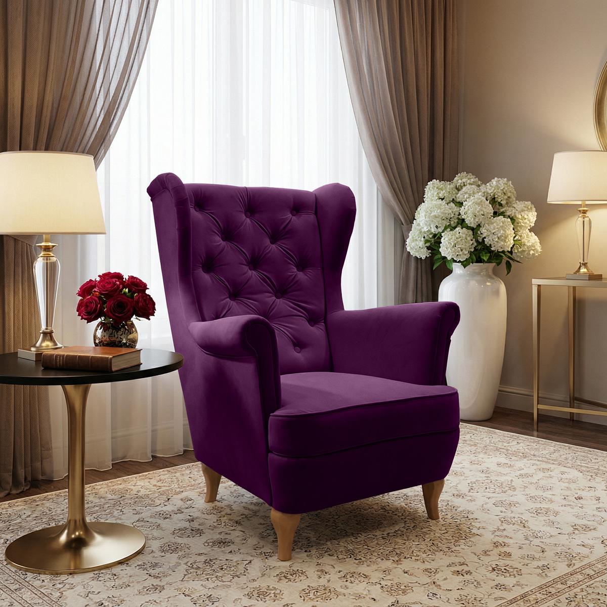 CHESTERFIELD-SESSEL Falco violett mit Holzbeinen - Violett/Buchefarben, Holz/Textil (82/102/92cm) - Beautysofa