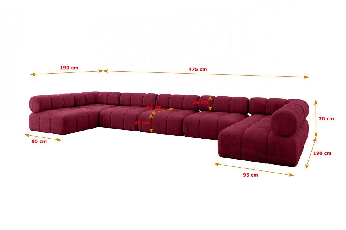WOHNLANDSCHAFT modulares Sofa Garvo-U3 - 475x190x70 cm Bordeauxrot Velours - Bordeaux, Holzwerkstoff/Textil (475/70/190cm) - ALTDECOR