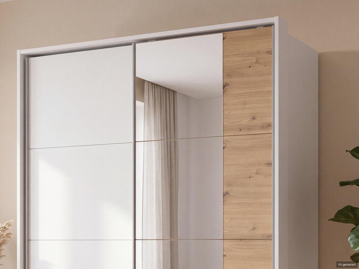 SCHWEBETÜRENSCHRANK 2-türig B138/H200/T65 cm, Passepartout-Kleiderschrank in Weiß mit Spiegel, 1x Tür & Schubkästen in Eiche Artisan Dekor / 22683 - Eichefarben/Alufarben, Holz/Holzwerkstoff (138/200/65cm) - luma-home