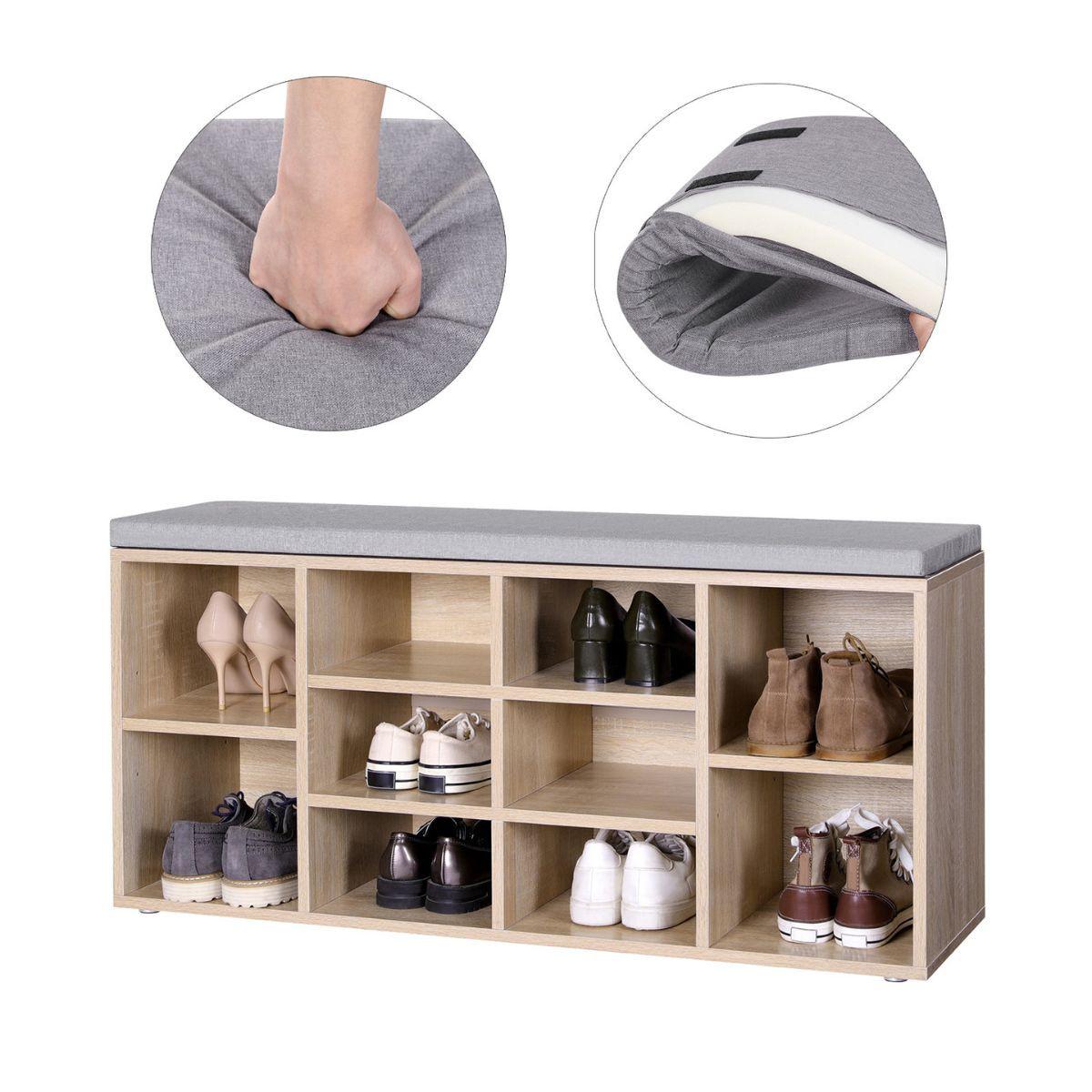 SCHUHBANK mit 10 Nischen Holzdekor - L104 cm - Grau, Holzwerkstoff (117.5/48/30cm) - Calicosy