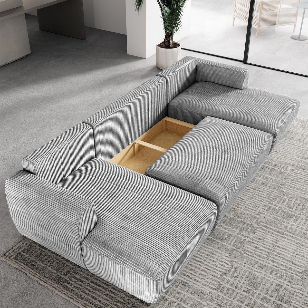 WOHNLANDSCHAFT SENTUM P Hellgrau Kordstoff mit Schlaffunktion - Hellgrau/Schwarz, Holz/Kunststoff (330/90/148cm) - MASSENO