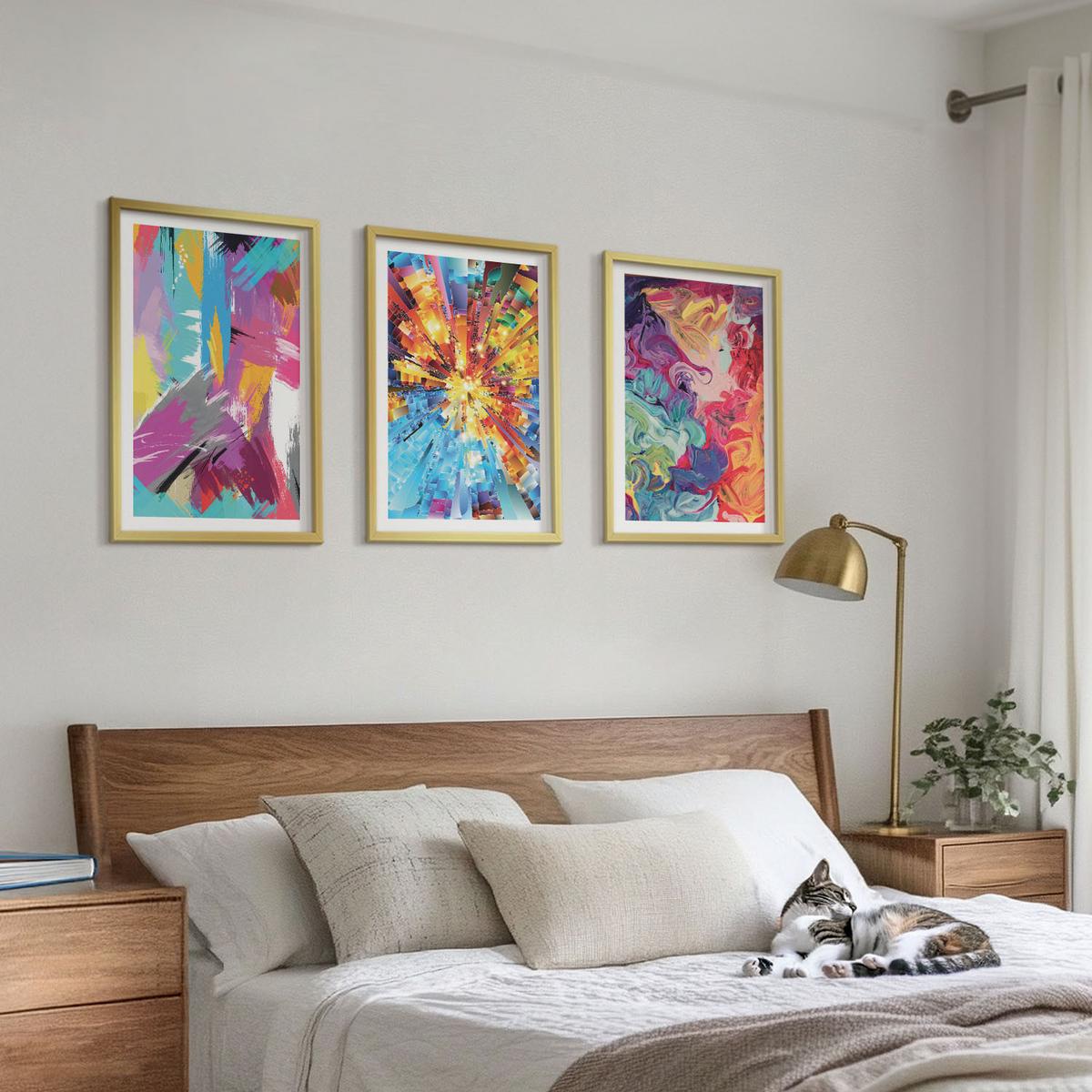BILDER SET 3er Set - 40x60 cm Goldrahmen - Bunte abstrakte Farbmuster - Goldfarben, Kunststoff (40/60cm) - TULUP