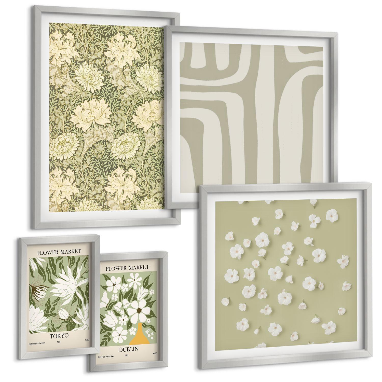 BILDER SET 5er Set - 50x50 cm & 20x30 cm & 40x60 cm Silberner Rahmen - Boho-Pflanzenkompositionen in Pastellfarben - Silberfarben, Kunststoff (40/60cm) - TULUP