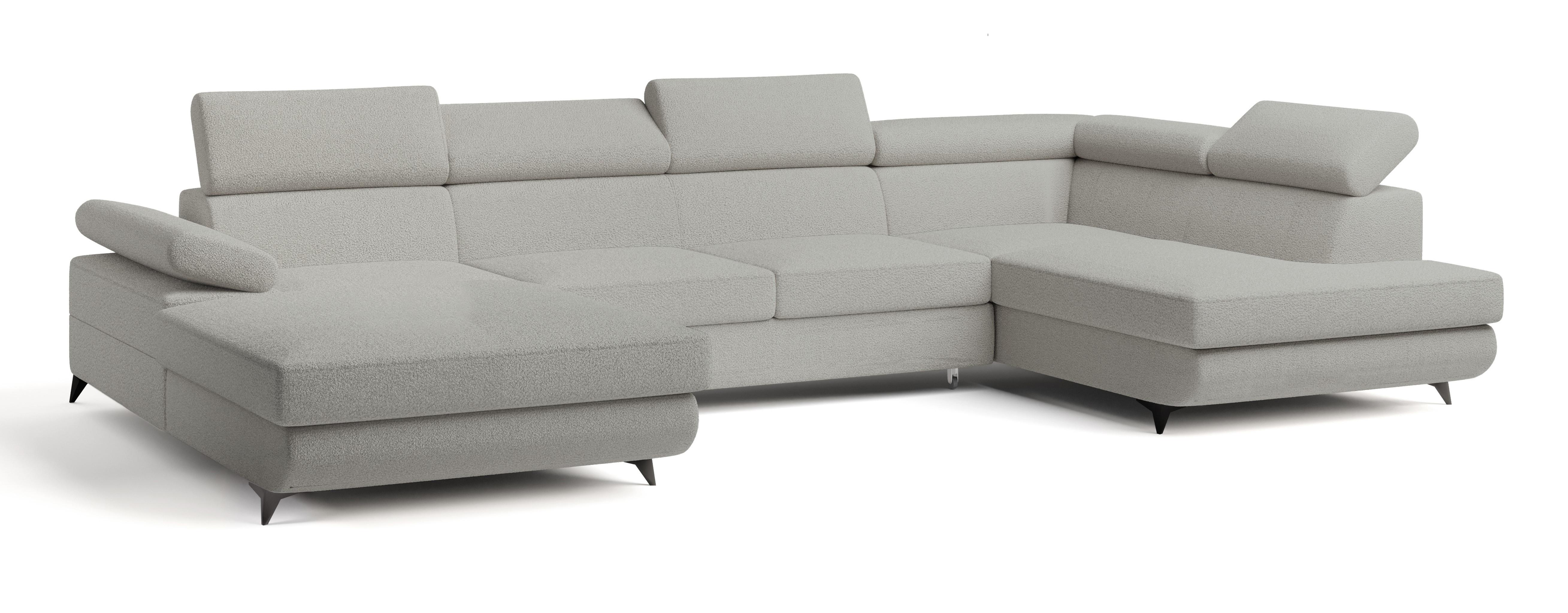 WOHNLANDSCHAFT RUBANO R-S Hellgrau Boucle-Stoff mit Schlaffunktion - Hellgrau, Holz (339/89/190cm) - MASSENO