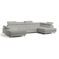 WOHNLANDSCHAFT RUBANO R-S Hellgrau Boucle-Stoff mit Schlaffunktion - Hellgrau, Holz (339/89/190cm) - MASSENO