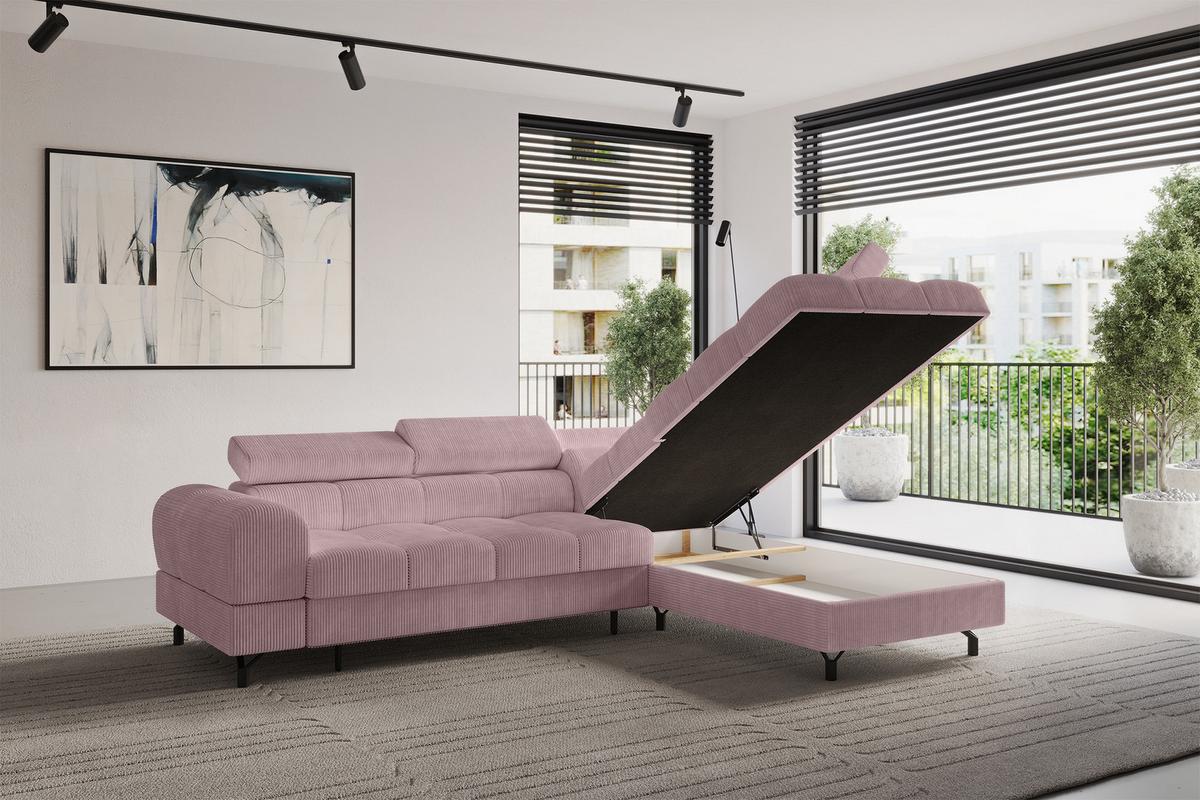 ECKSOFA mit Schlaffunktion Ottomane Rechts LUMA-L 272x203x70 Rosa Cord - Schwarz/Rosa, Holzwerkstoff/Kunststoff (203/272cm) - ALTDECOR