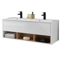 WASCHTISCHKOMBI weiß Hochglanz und Eiche, Doppelwaschtisch inkl. 2x Waschbecken, Breite 120 cm - Weiß Hochglanz/Eichefarben, Holzwerkstoff (120/44/47cm) - Furn.Design