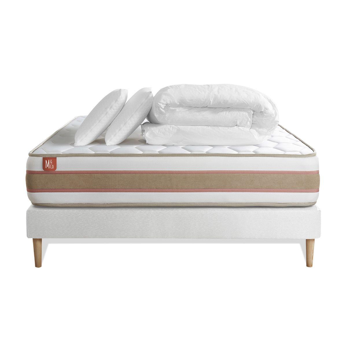BETT Le Délicat Taschenfederkern und Memory-Schaum 160 x 200 cm h1 - Kit Bettgestell Weiß - Mit Kissen und Bettdecke - Beige/Weiß, Karton/Holz (160/200cm) - Marmottes & Co