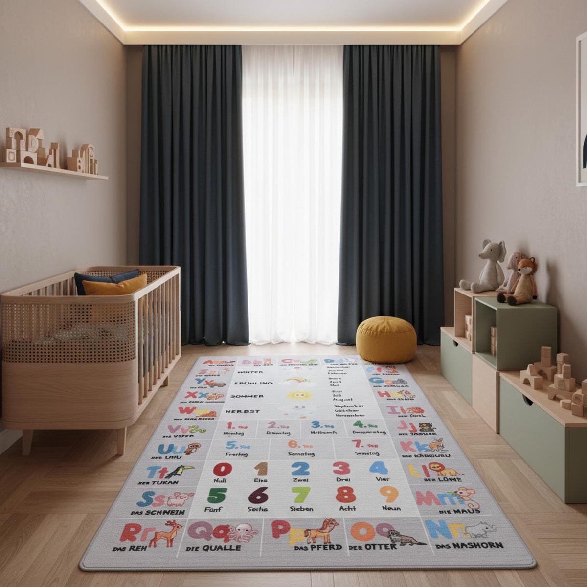 KINDERTEPPICH TRAUN, mit Alphabet-Zahlen-Tiere-Motiv, Grau, 140 x 200 cm - Grau, Textil (200/140cm) - KADIMA DESIGN