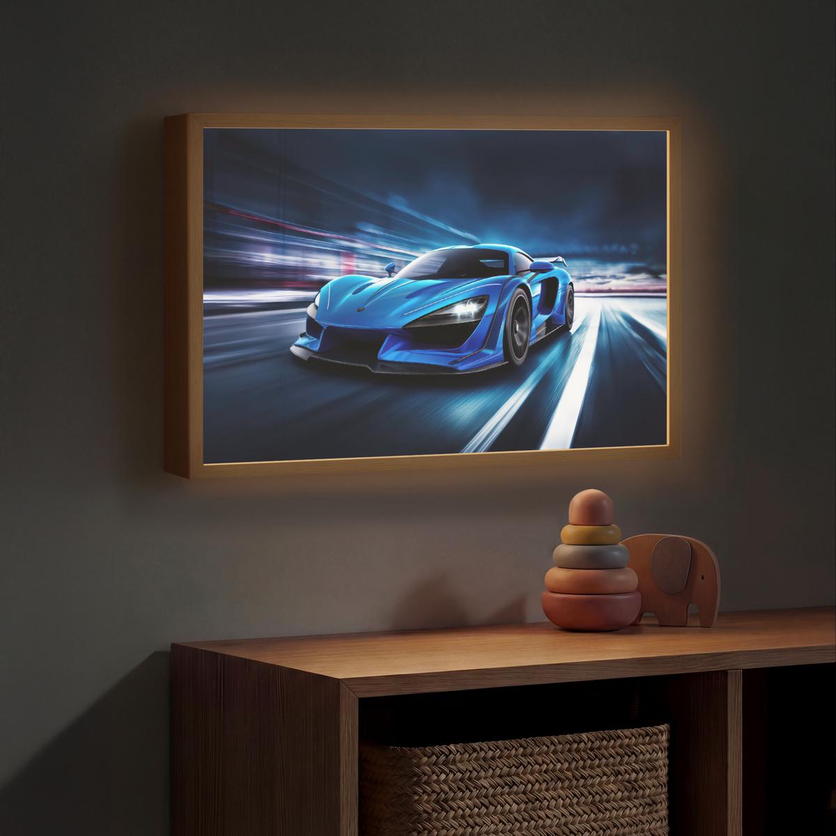 NACHTTISCHLAMPE MIT AKKU Auto - Blau - Jungen - Kind 60x40 cm - Blau, Holzwerkstoff (8/60/40cm) - OnlyWow