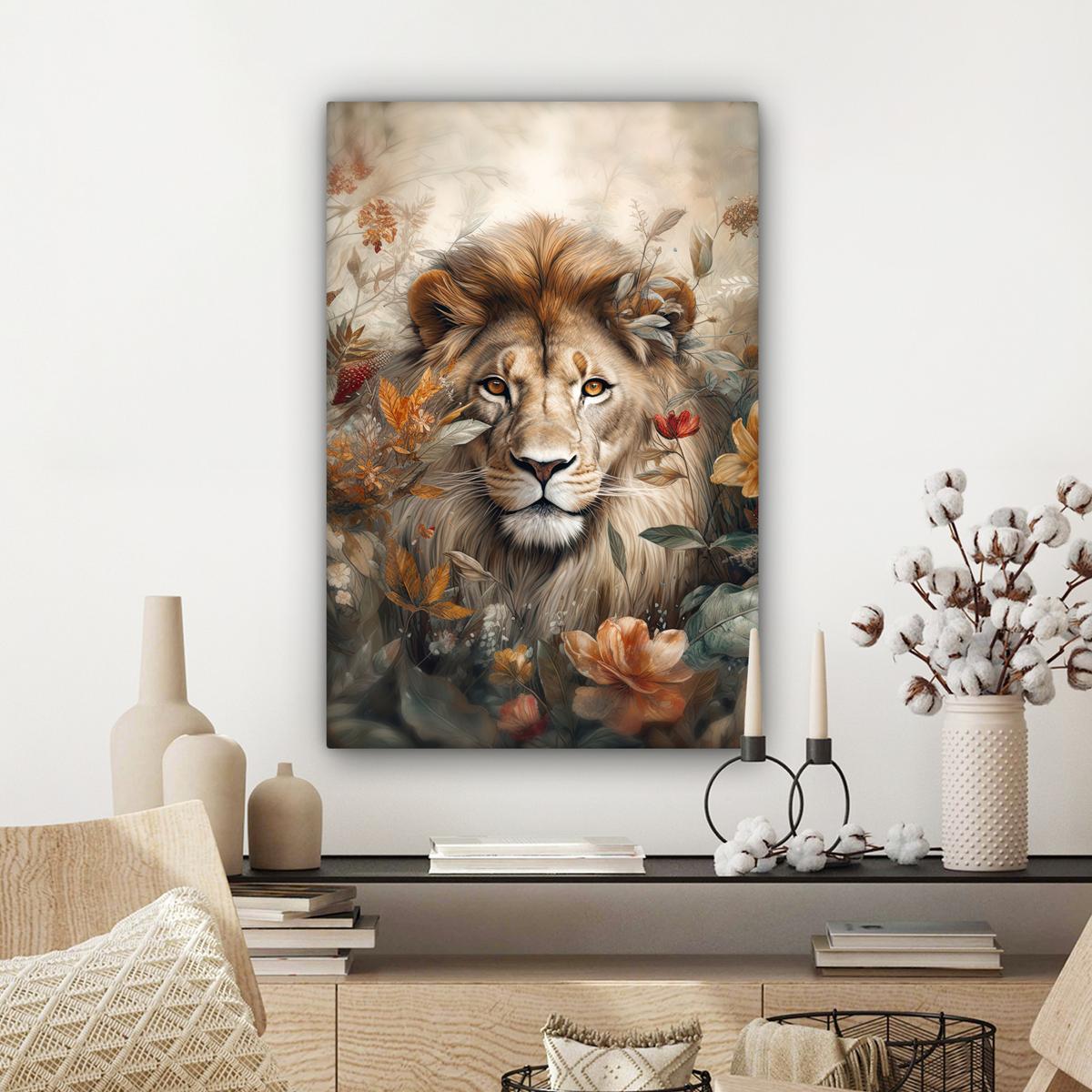 LEINWANDBILD Löwe - Wildtiere - Pflanzen - Natur - Blumen Wanddeko Schlafzimmer 60x90 cm - Beige, Textil (60/90cm) - MuchoWow