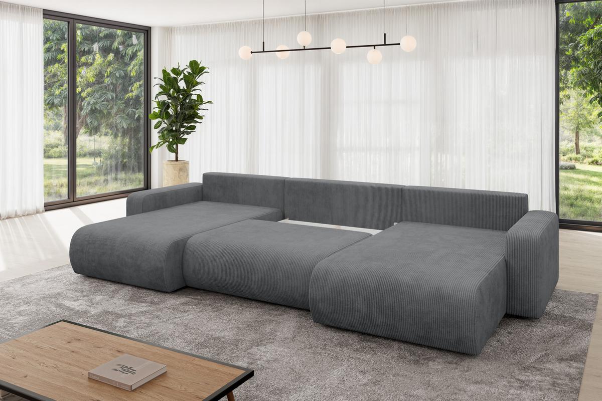 WOHNLANDSCHAFT mit Schlaffunktion und Bettkasten BERY-U 377x193x88 Dunkelgrau Cord - Dunkelgrau/Schwarz, Holzwerkstoff/Kunststoff (377/88/193cm) - ALTDECOR