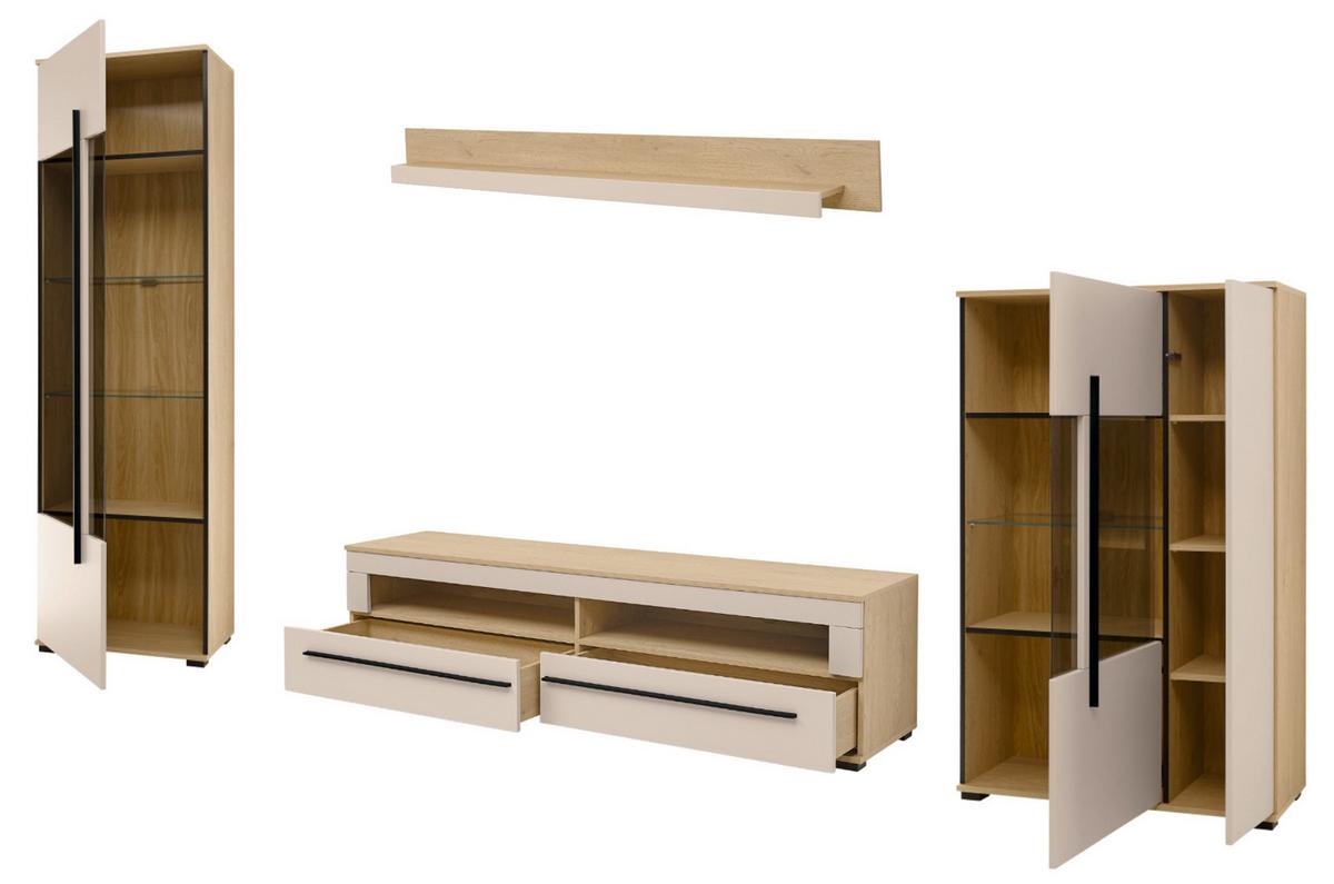 WOHNWAND Kaschmir, Eiche 4-teilig 350 cm, Wohnzimmer-Set mit Soft-Close - Kaschmir/Eichefarben, Glas/Holzwerkstoff (350/200/42cm) - Furn.Design