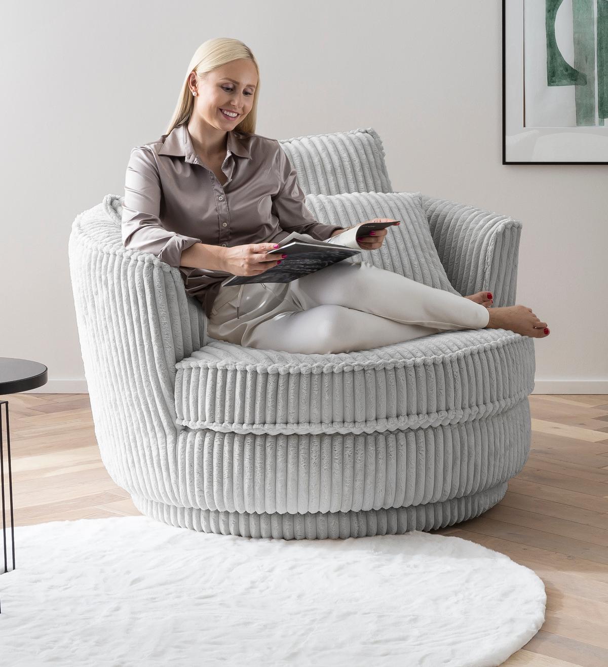 BIG-SESSEL Relaxsessel Mega Cord hell grau Ø 120 cm 360° drehbar, inklusive 3x Kissen - Hellgrau/Grau, Holz/Textil (120/86/120cm) - Furn.Design